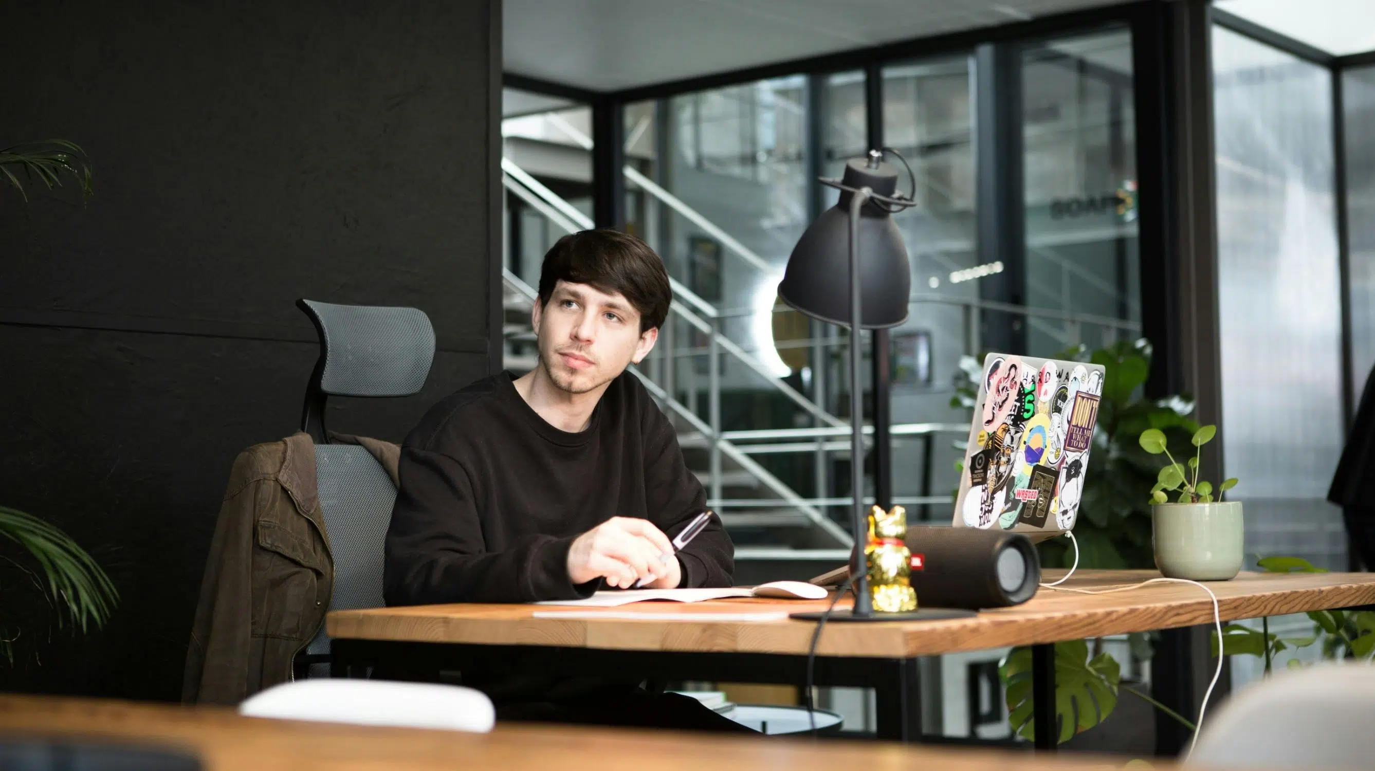 James working at his desk